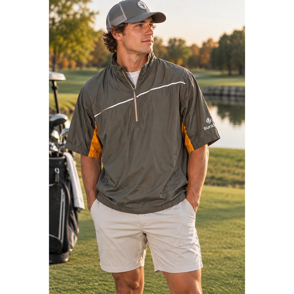 Sunice Weather Golf Windbreaker M Gray Orange 1/4 Zip Pullover Short Sleeve Y2K